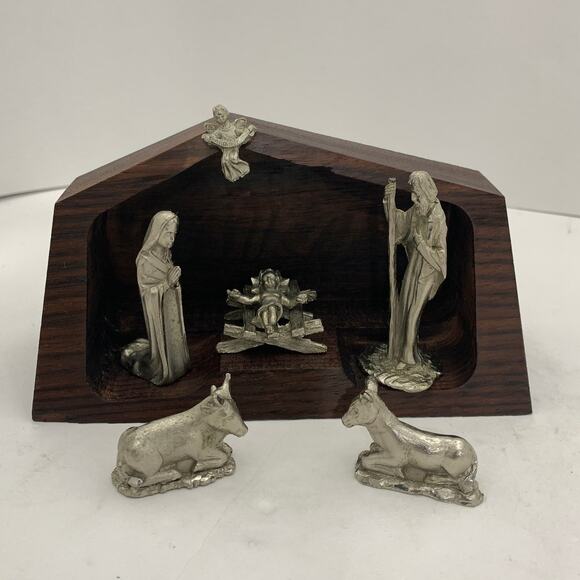 Peltro Inciso Miniature Nativity Set Christmas Pewter Wood Stable Made in Italy - Picture 11 of 11